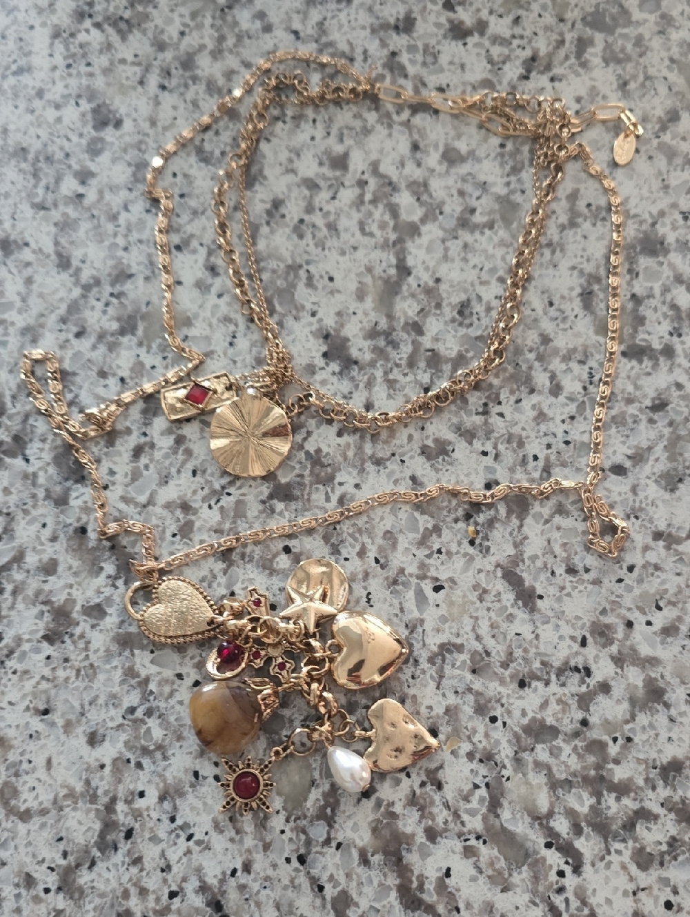 Gold-Tone Layered Charm Necklace with Red and Cream Accents